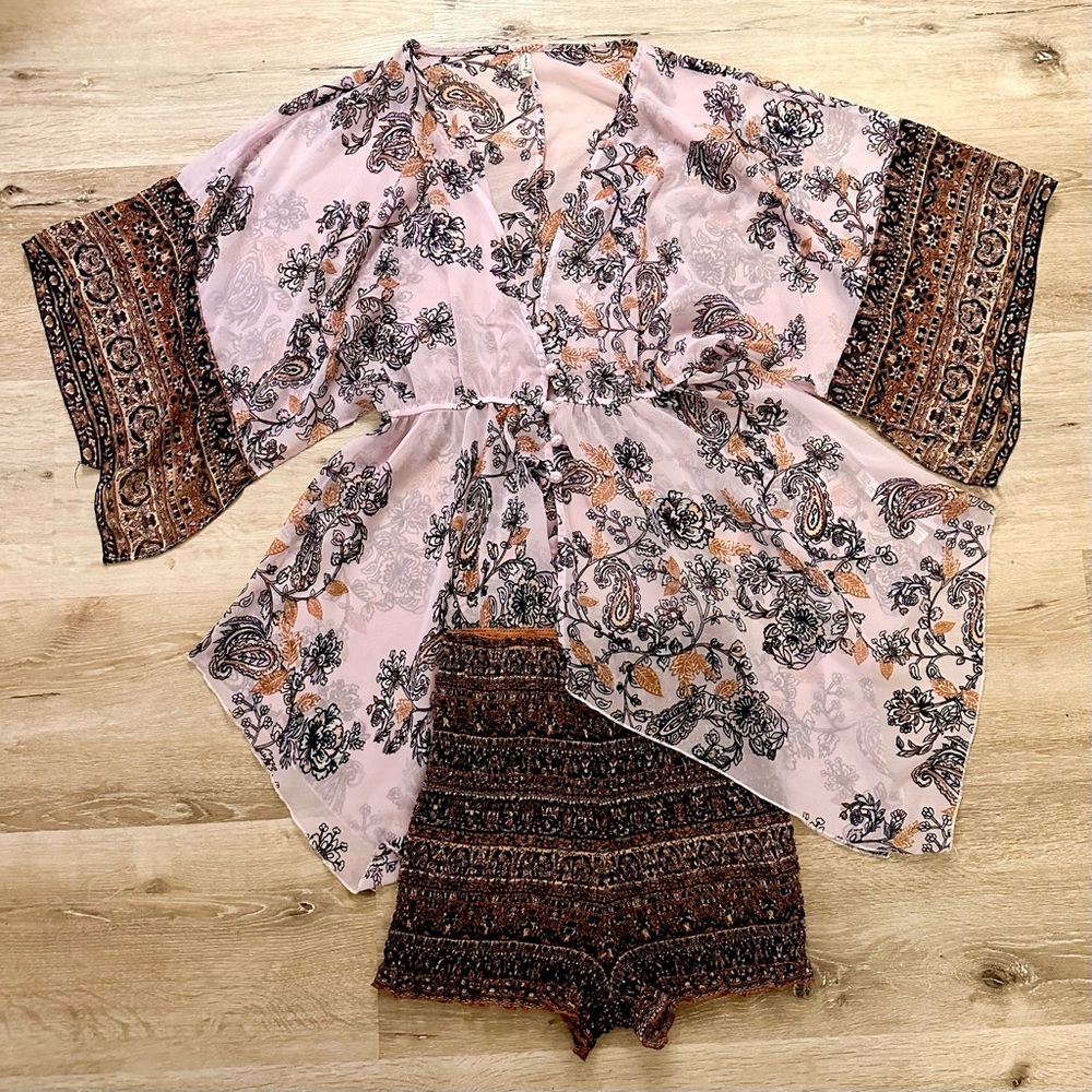 Free People Boho Chic Floral Kimono and Shorts Set Intimate Pj Women’s M